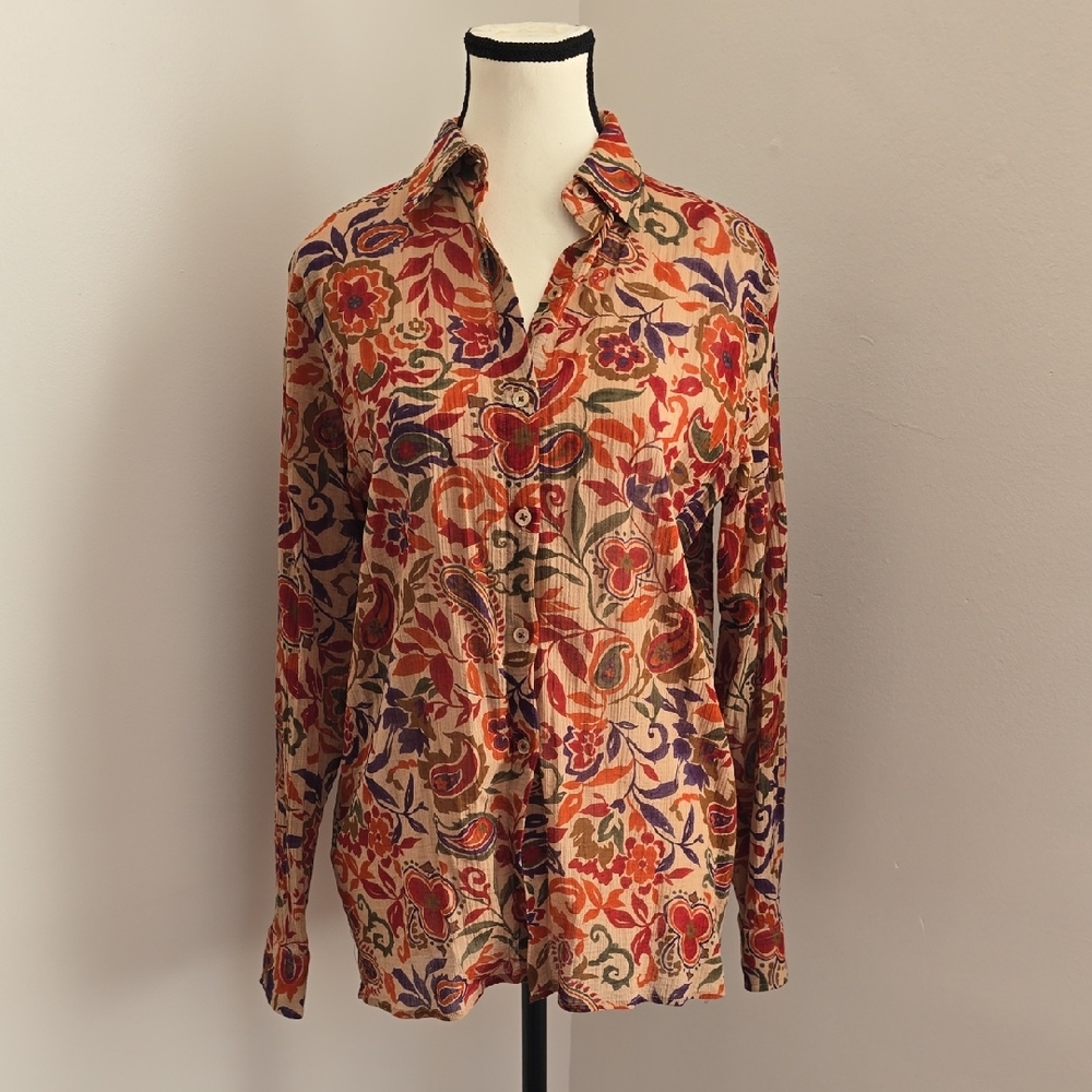 Ralph Lauren Women's Tan Paisley Floral Cotton Button Down Shirt Size Med
